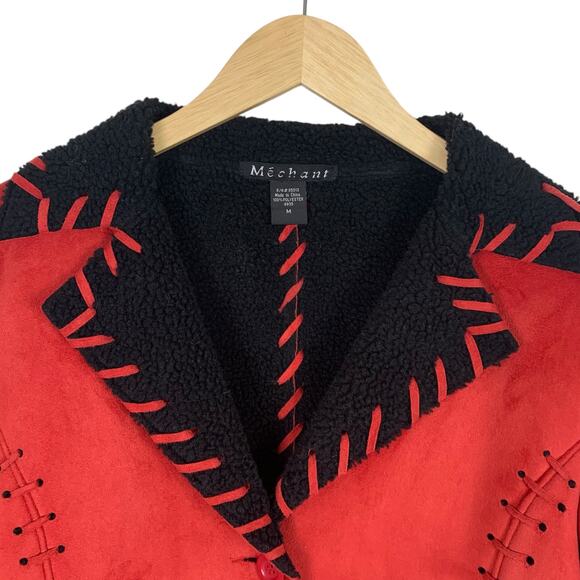 Merchant Sueded Polyester Women's Medium Red Jacket Black Sherpa Lined - Picture 3 of 11